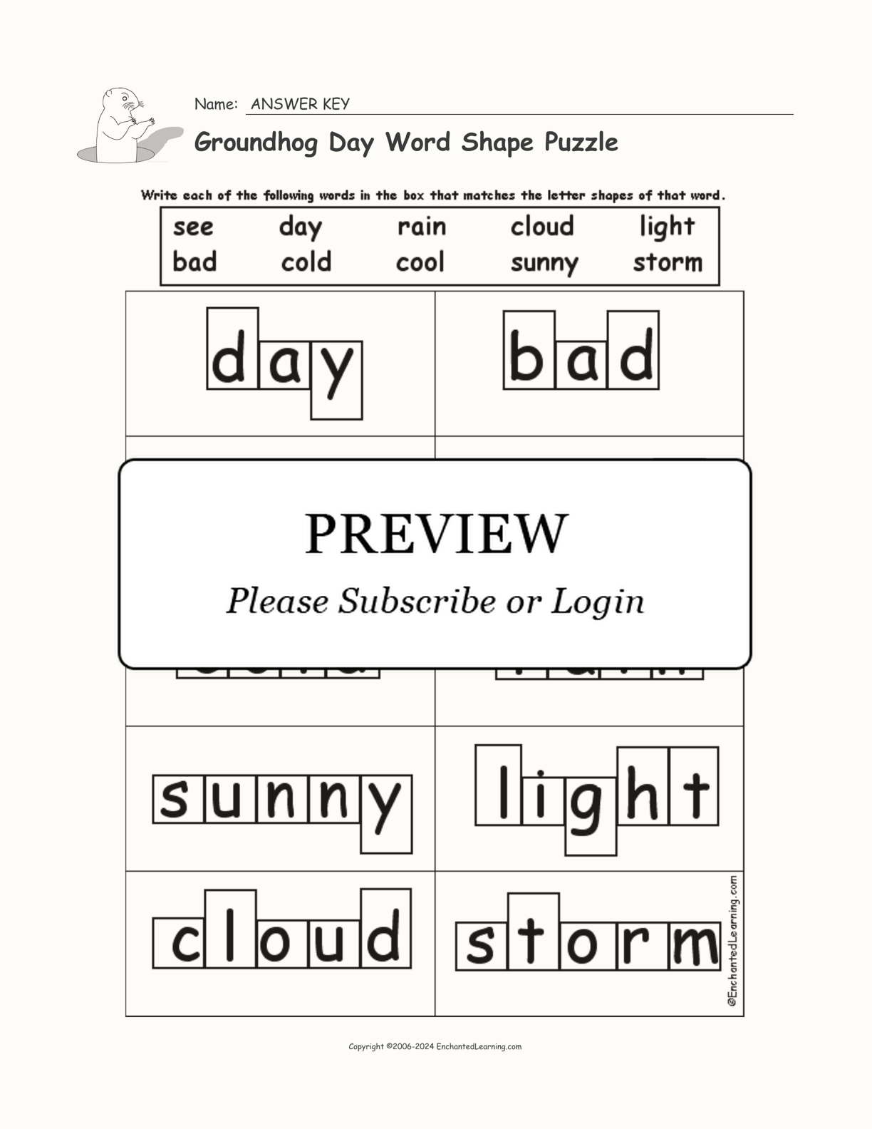 Groundhog Day Word Shape Puzzle interactive worksheet page 2