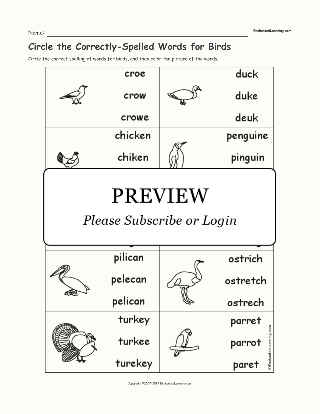 Circle the Correctly-Spelled Words for Birds interactive worksheet page 1