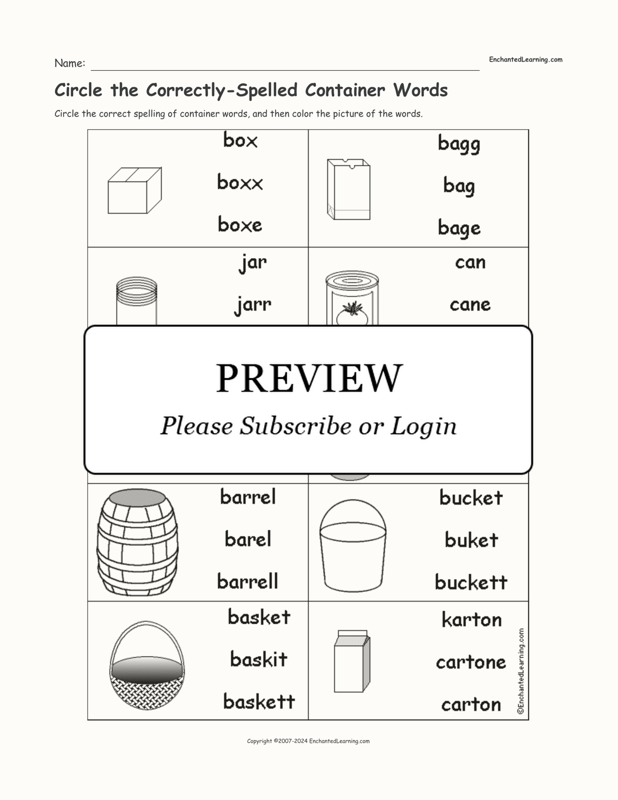 Circle the Correctly-Spelled Container Words interactive worksheet page 1