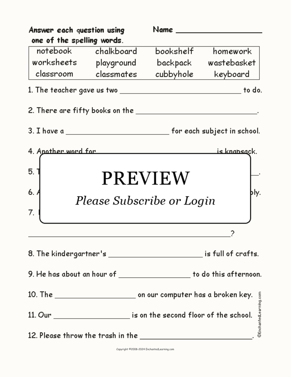 Compound School Spelling Word Questions interactive worksheet page 1