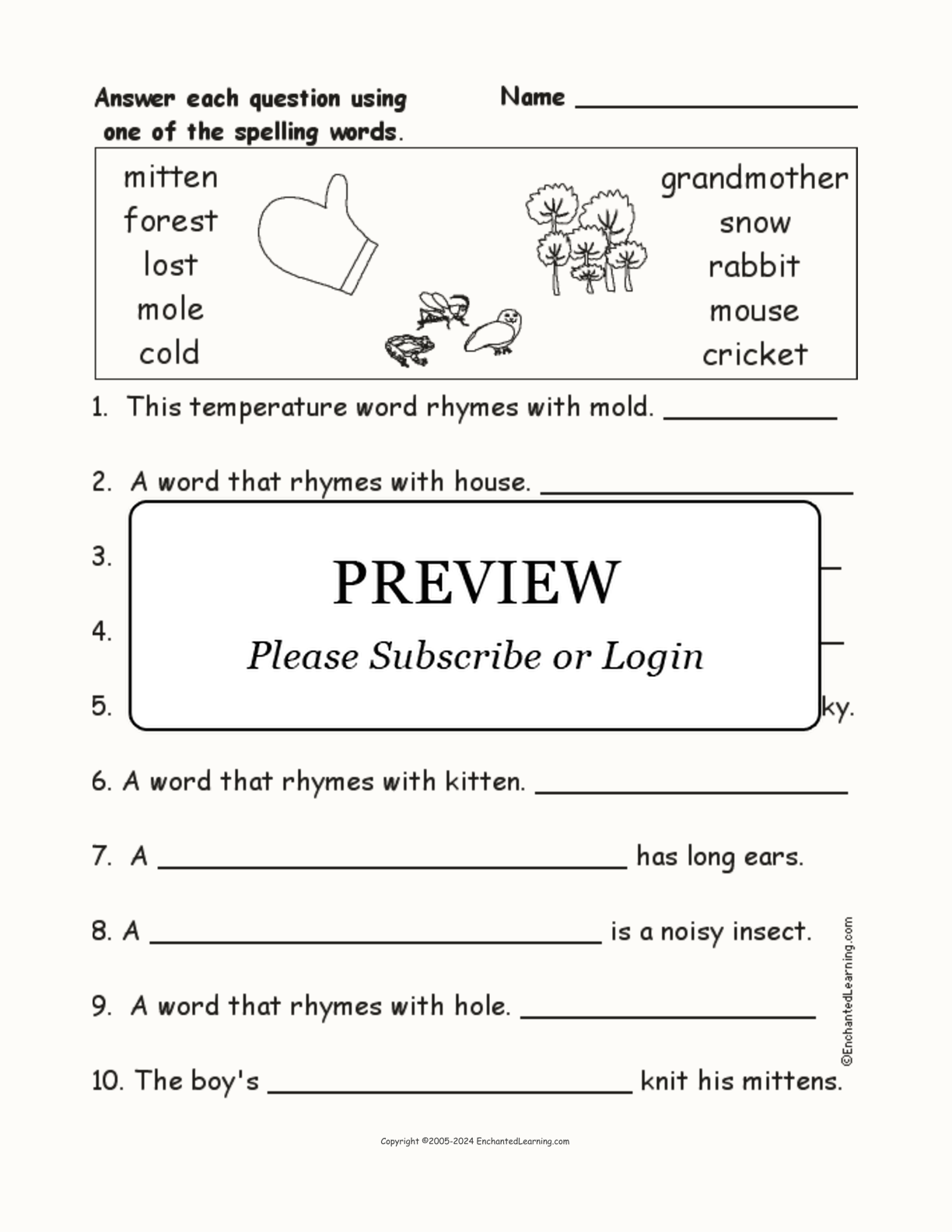 'The Mitten' Spelling Word Questions interactive worksheet page 1
