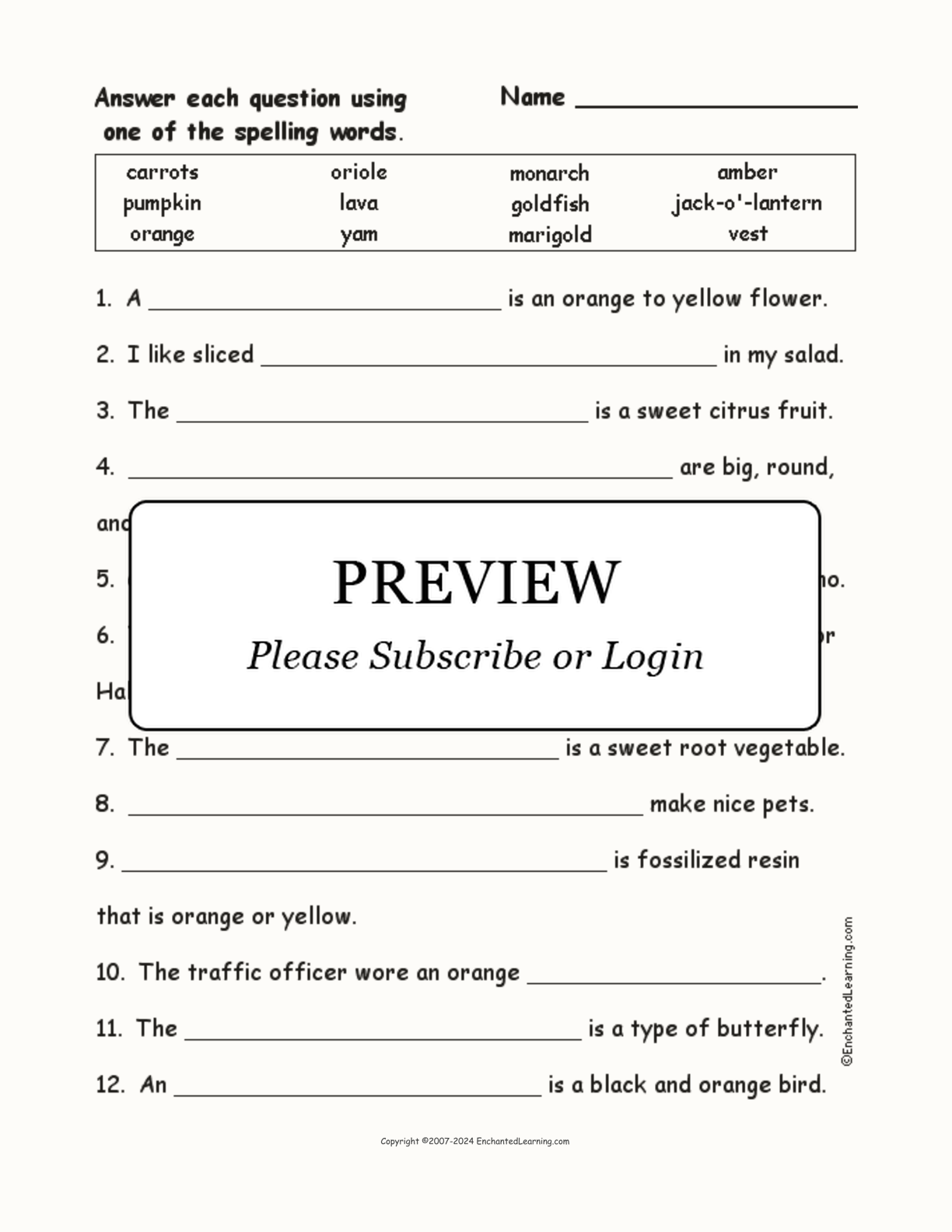 Orange Things: Spelling Word Questions interactive worksheet page 1