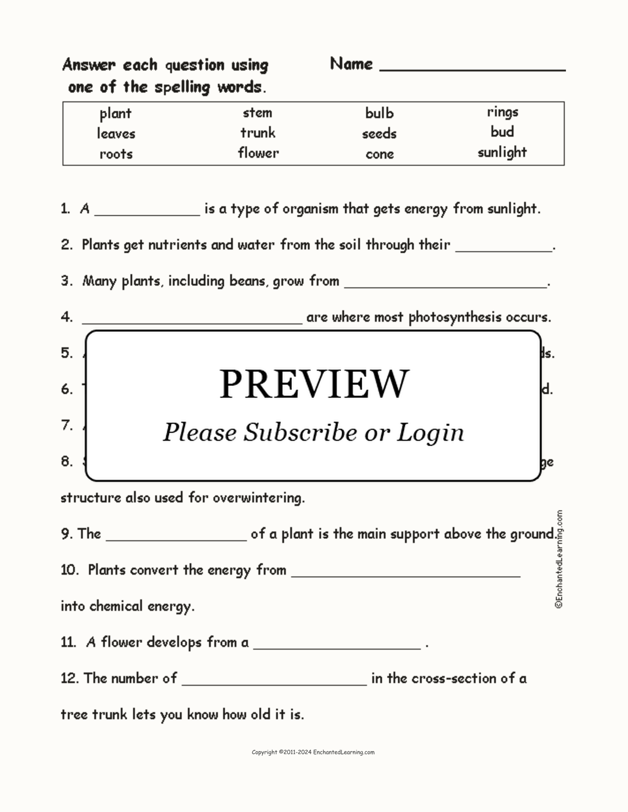 Plant-Related Spelling Word Questions interactive worksheet page 1
