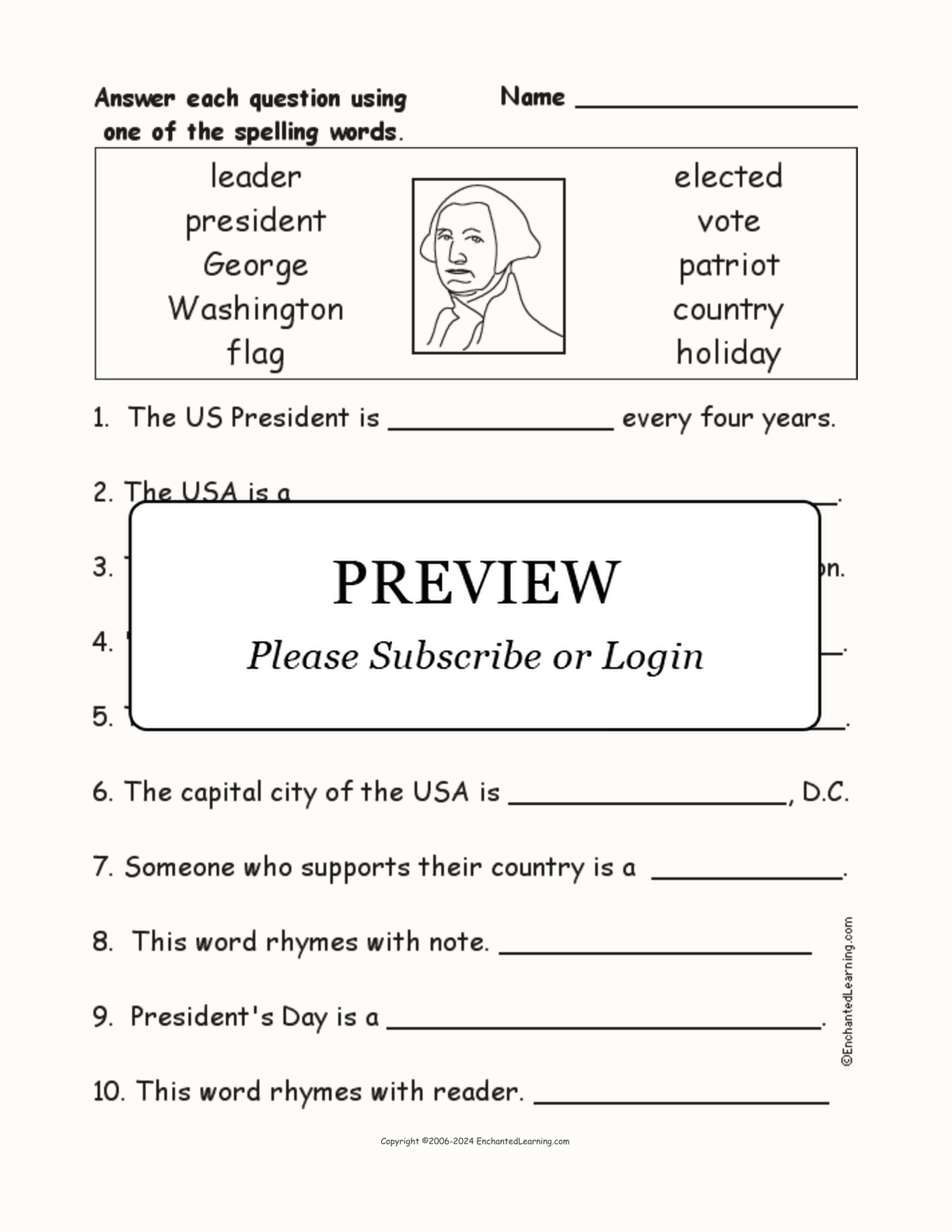 Presidents' Day Spelling Word Questions interactive worksheet page 1
