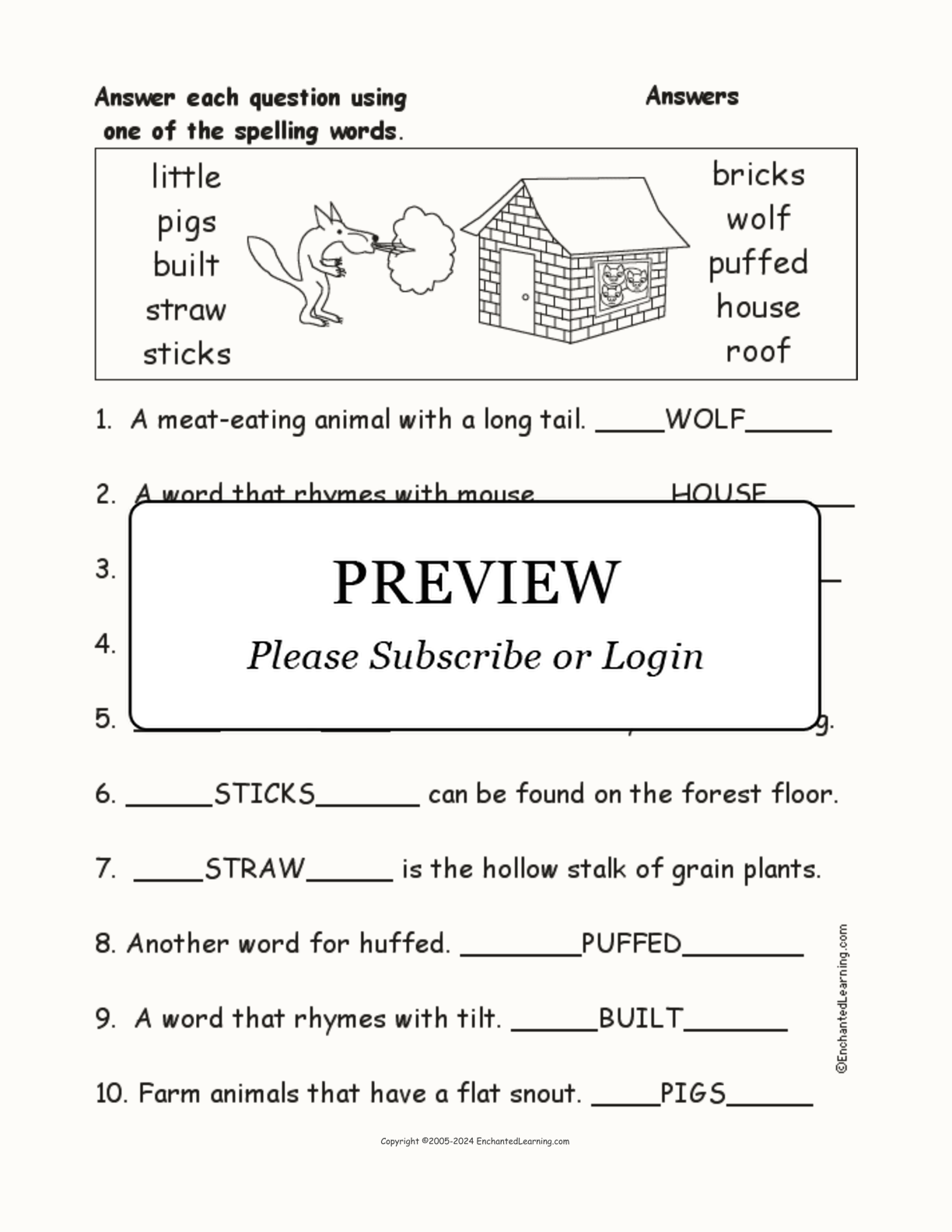 'Three Little Pigs' Spelling Word Questions interactive worksheet page 2