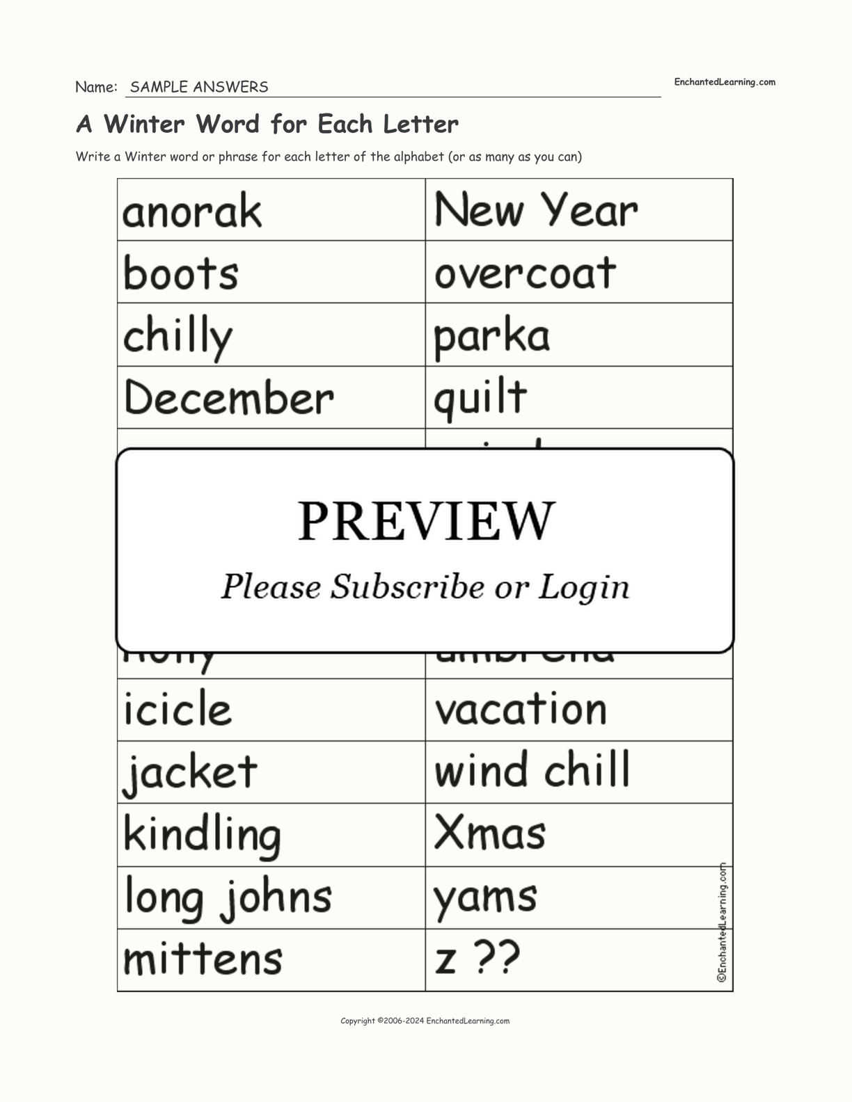 A Winter Word for Each Letter interactive worksheet page 2