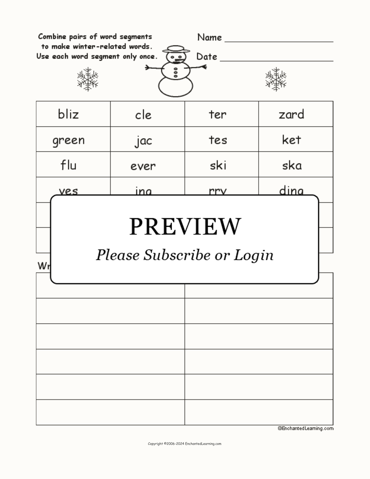 Winter Word Pieces Puzzle interactive worksheet page 1