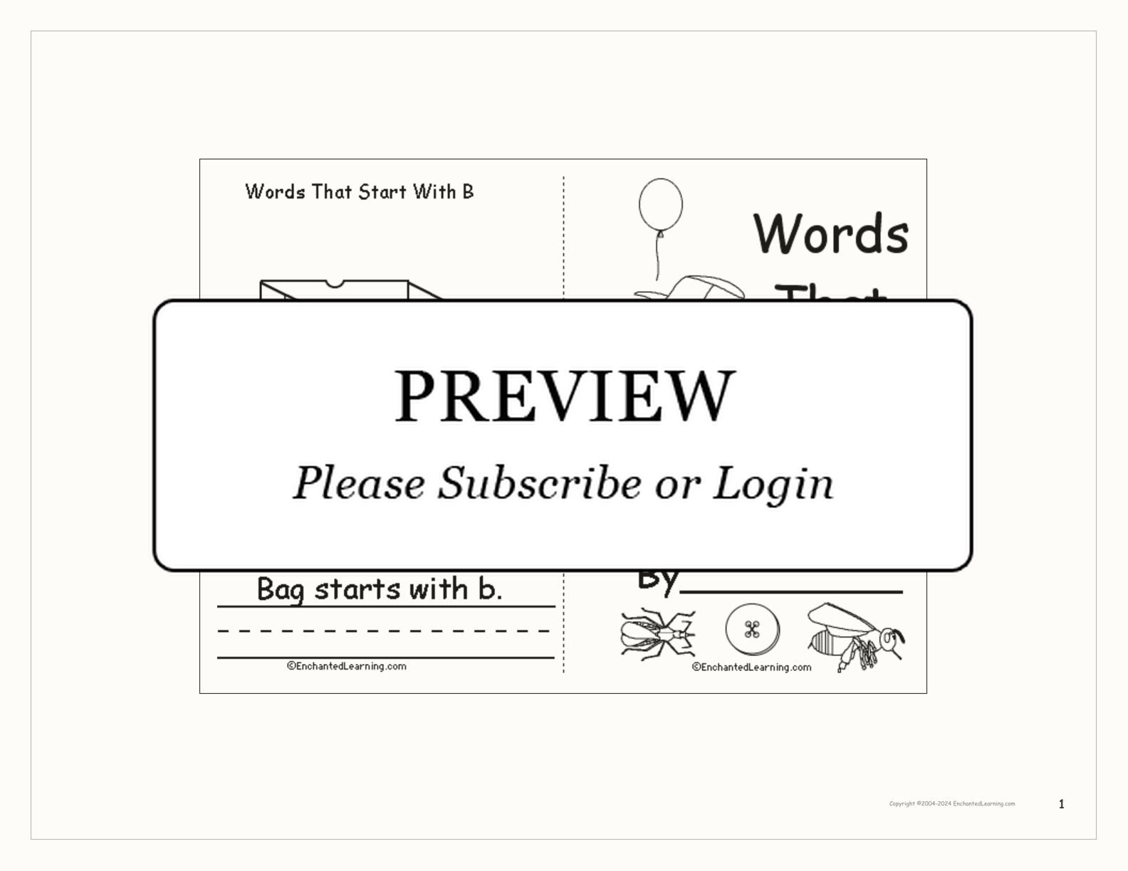 Words That Start With B: A Printable Book interactive printout page 1