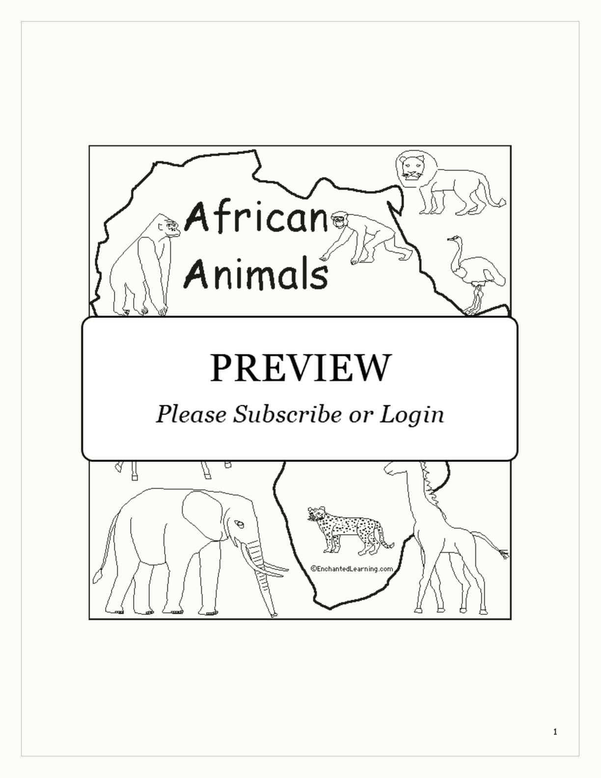 African Animals: A Printable Book interactive printout page 1