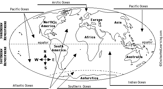 world map continents and oceans. Continents And Oceans Map.