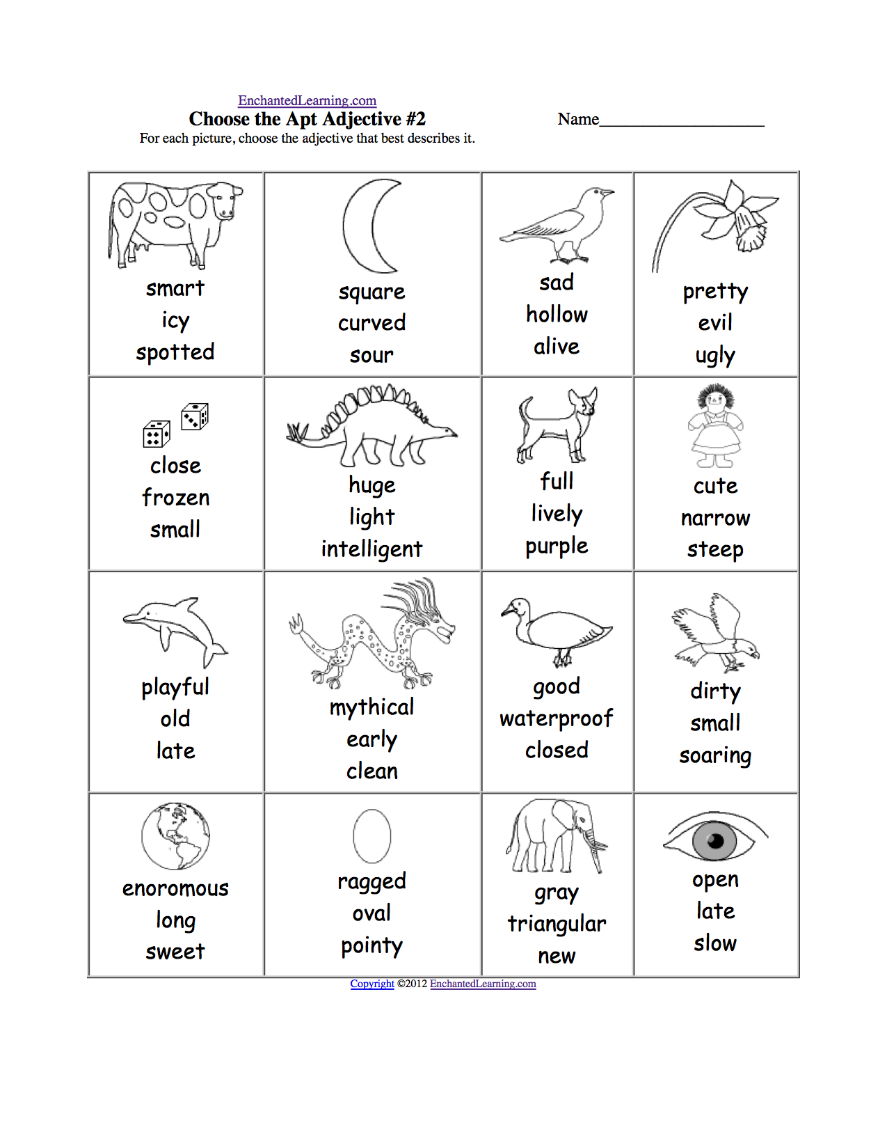 2 worksheets  Vocabulary List for  EnchantedLearning.com Adjectives  animal grade Word