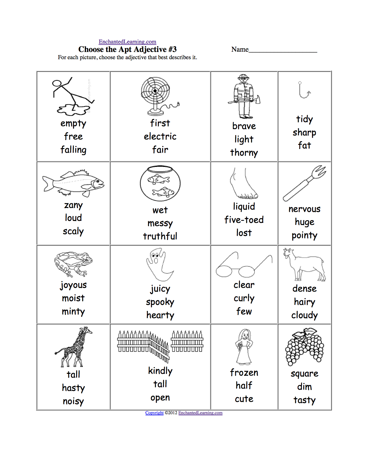Vocabulary grade Adjectives  Word worksheets  3rd EnchantedLearning.com List senses for five
