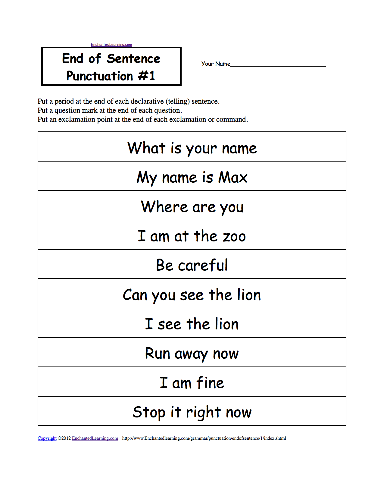 Sentences Punctuation Worksheet