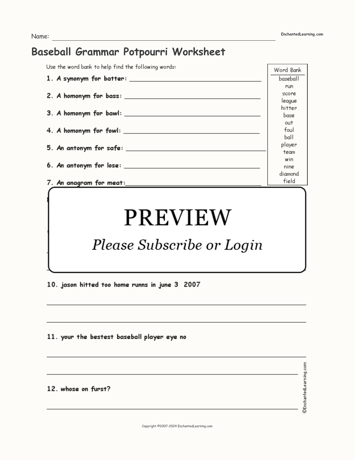 Baseball Grammar Potpourri Worksheet interactive worksheet page 1