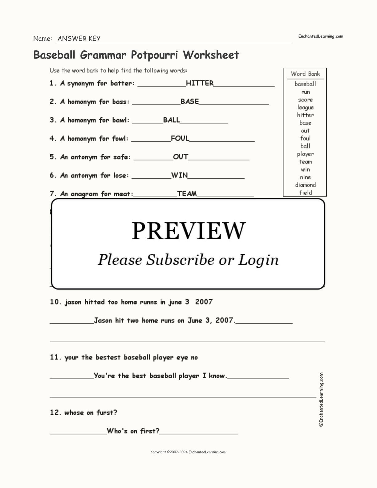 Baseball Grammar Potpourri Worksheet interactive worksheet page 2
