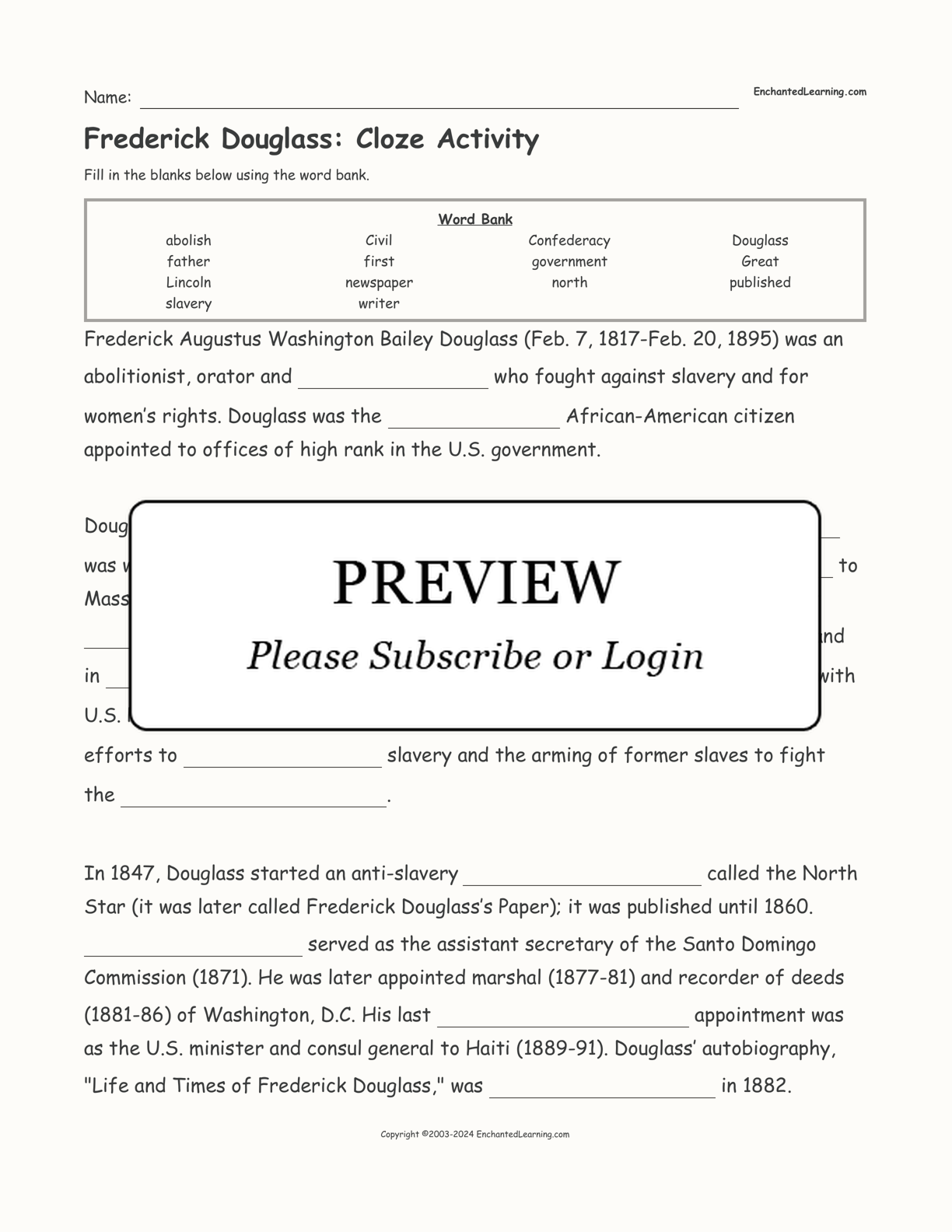 Frederick Douglass: Cloze Activity interactive worksheet page 1
