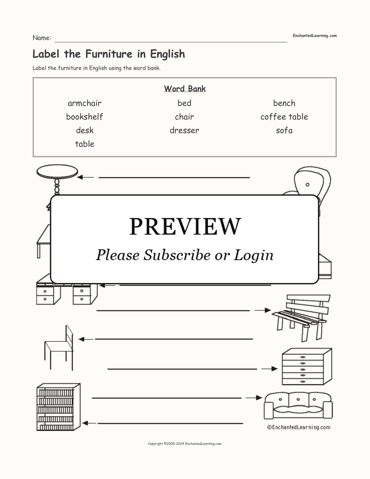 Label the Furniture in English interactive worksheet page 1