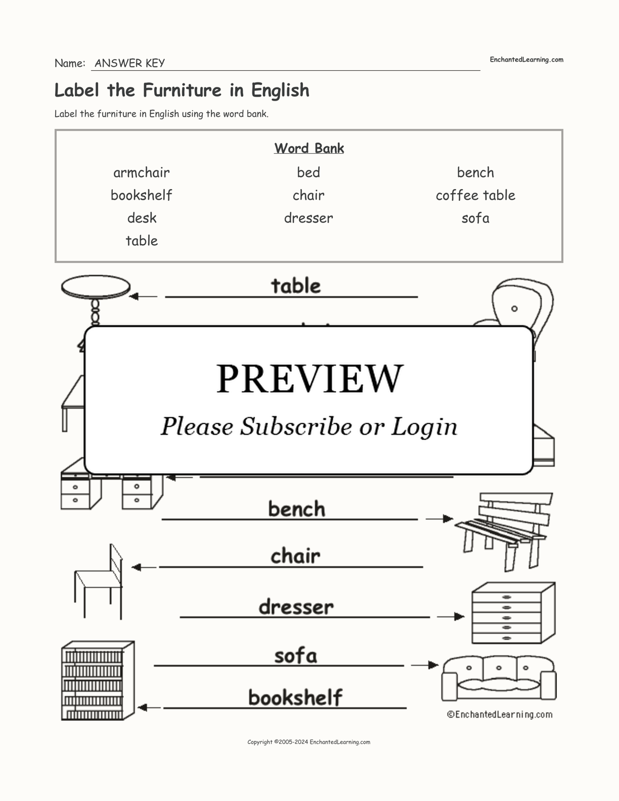 Label the Furniture in English interactive worksheet page 2
