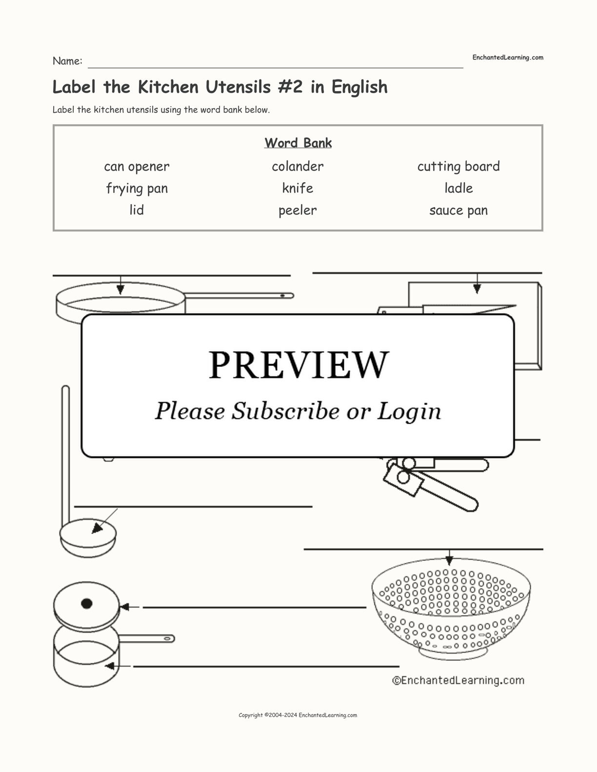 Label the Kitchen Utensils #2 in English interactive worksheet page 1
