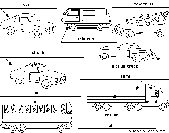 Label the cars and trucks in English - answers