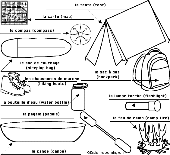 Label the camping items in French - answers