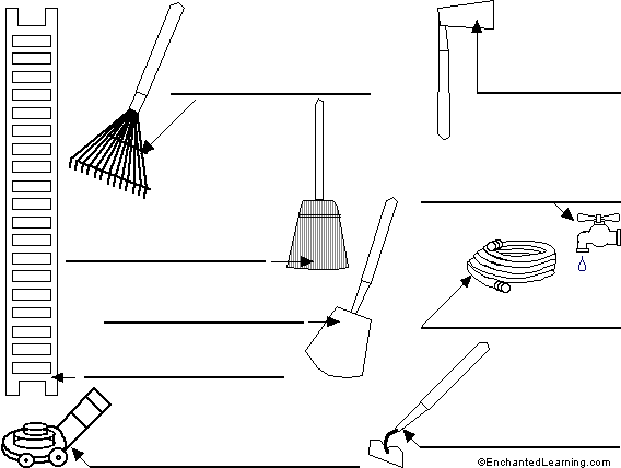 Label the garden tools in French