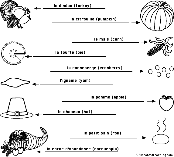 Label the Thanksgiving Words in French - answers