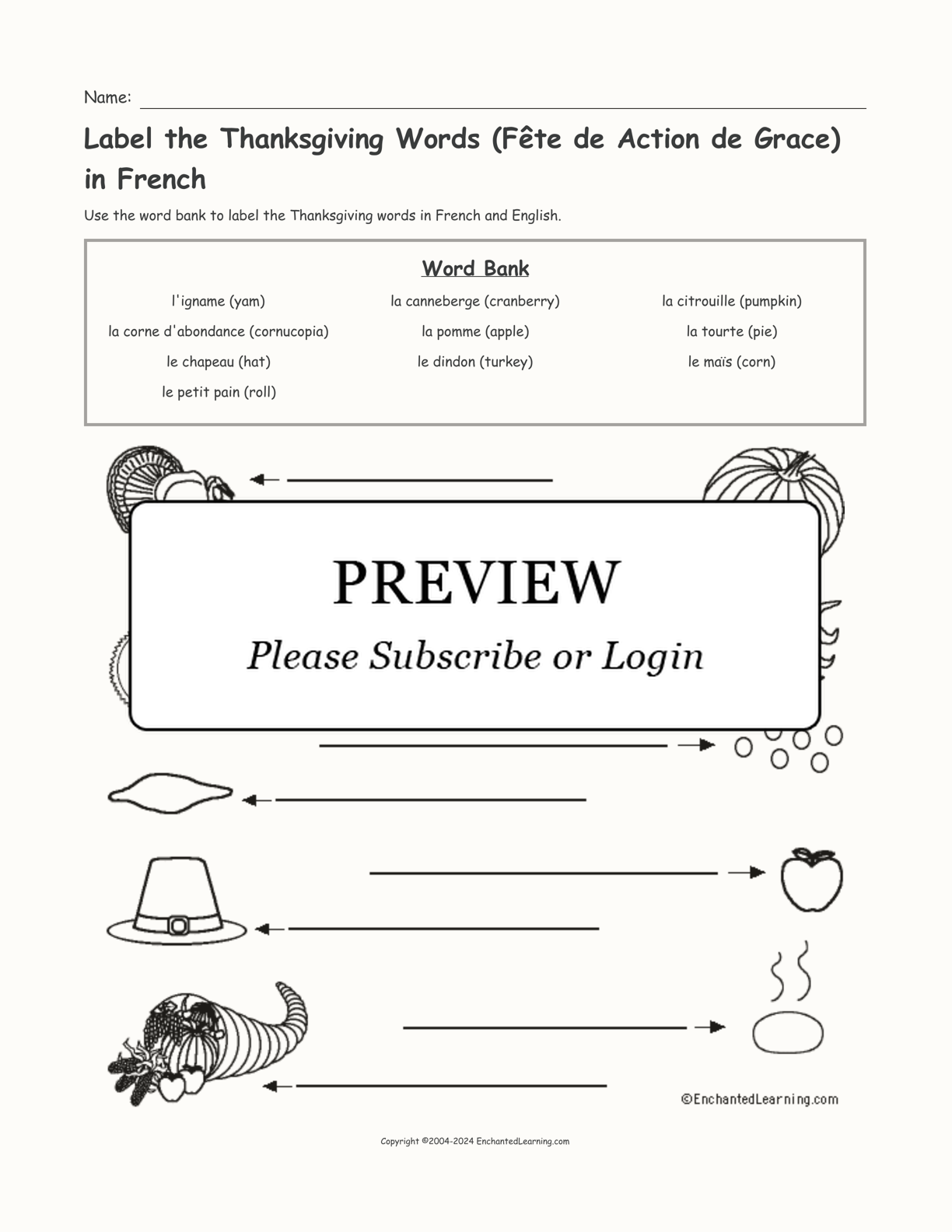 Label the Thanksgiving Words (Fête de Action de Grace) in French interactive worksheet page 1
