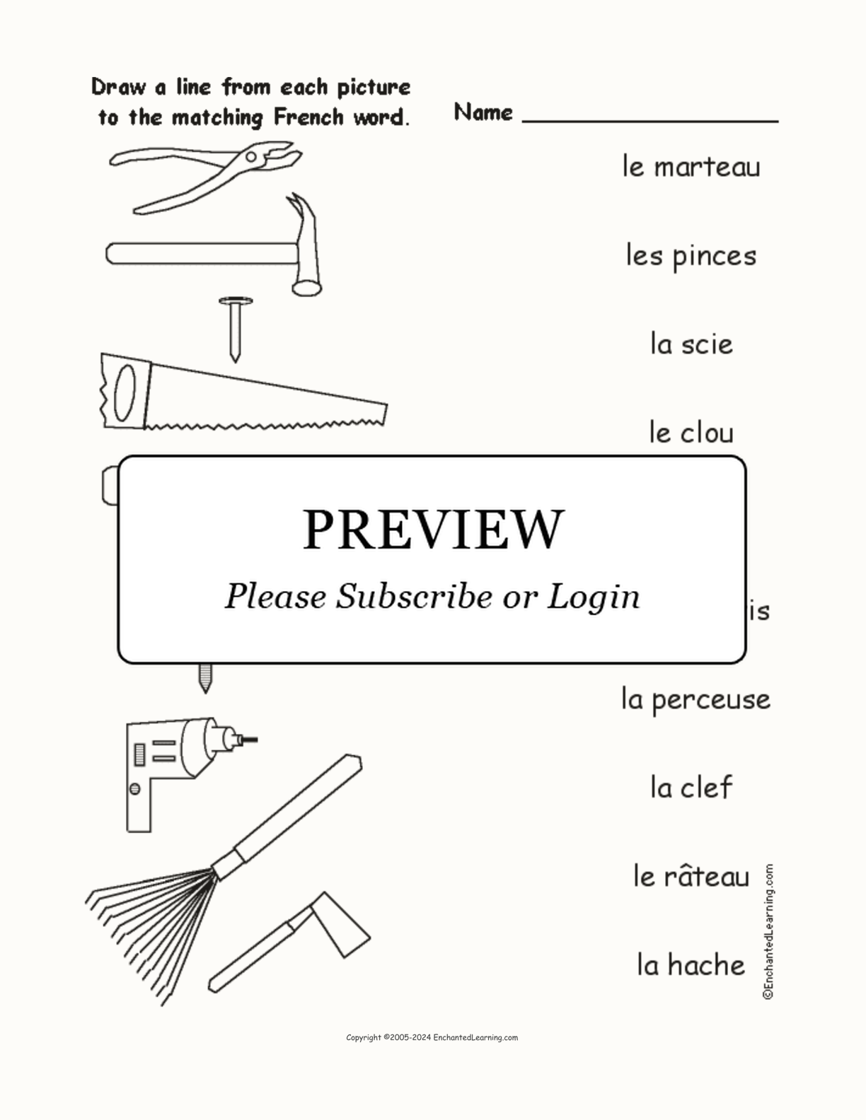 Match the French Tool Words to the Pictures interactive worksheet page 1