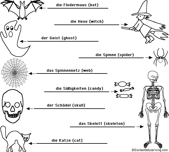 Label the Halloween Words in German - answers