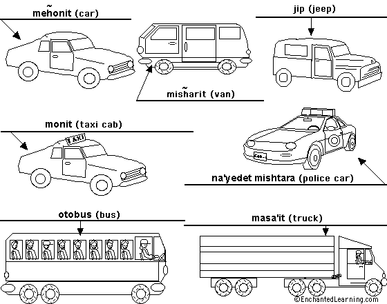 Label the cars and trucks in Hebrew - answers