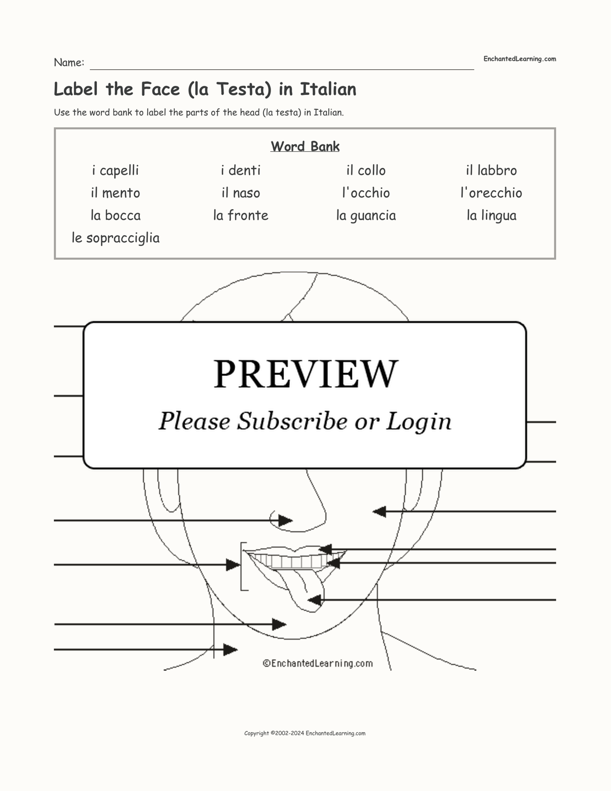 Label the Face (la Testa) in Italian interactive worksheet page 1