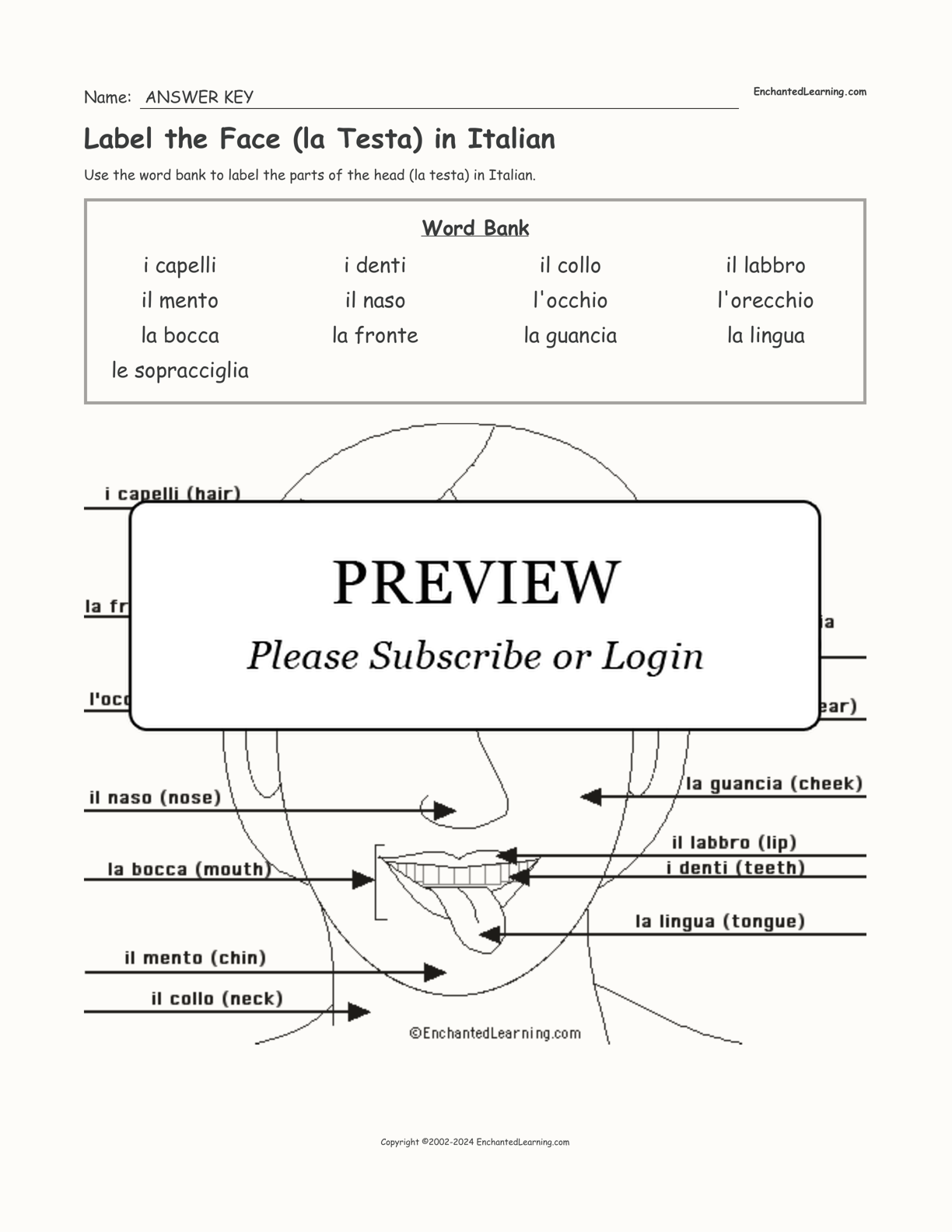 Label the Face (la Testa) in Italian interactive worksheet page 2