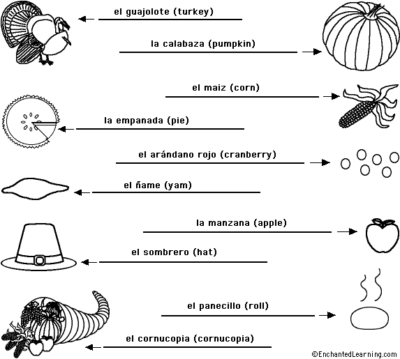 Label the Thanksgiving Words in Spanish - answers