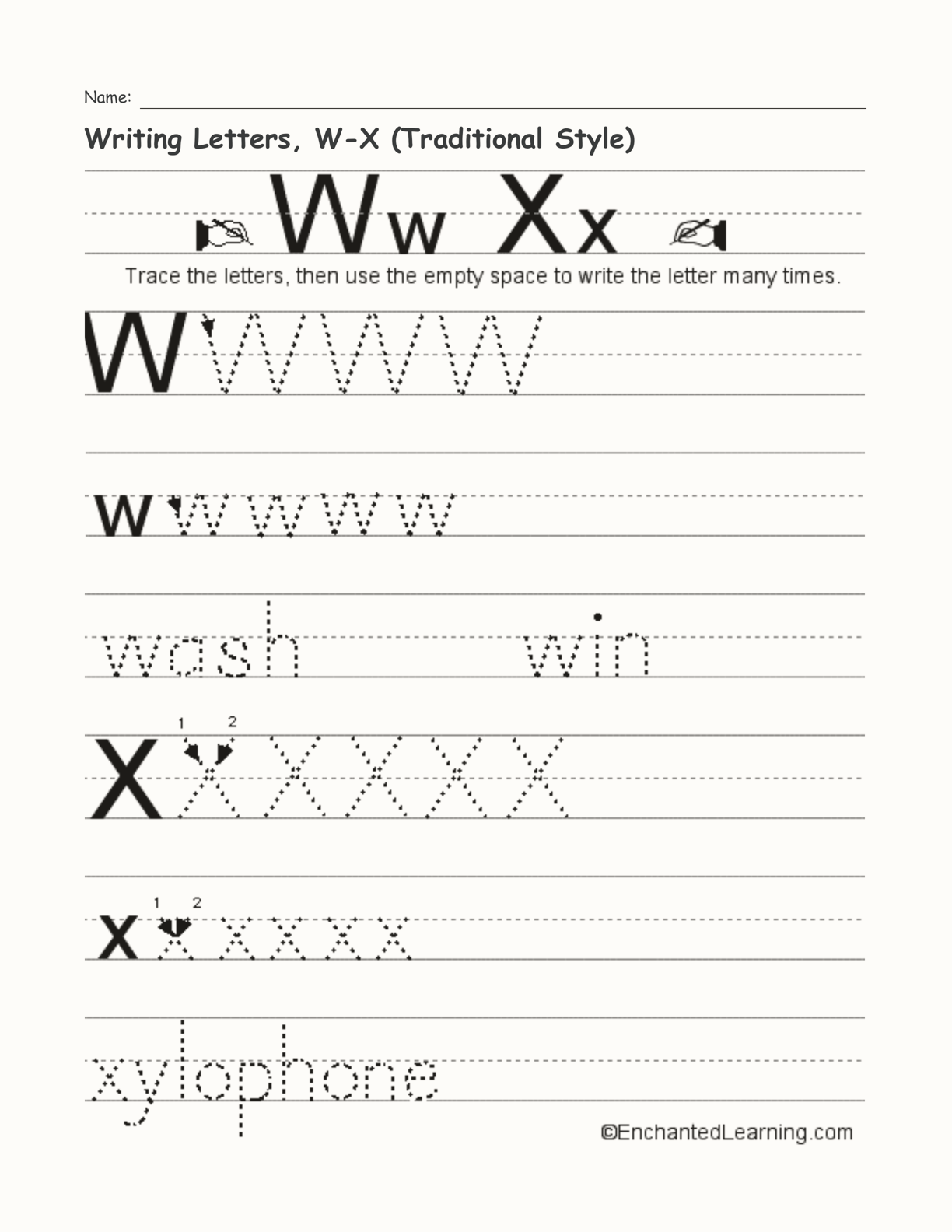 Writing Letters, W-X (Traditional Style) interactive worksheet page 1