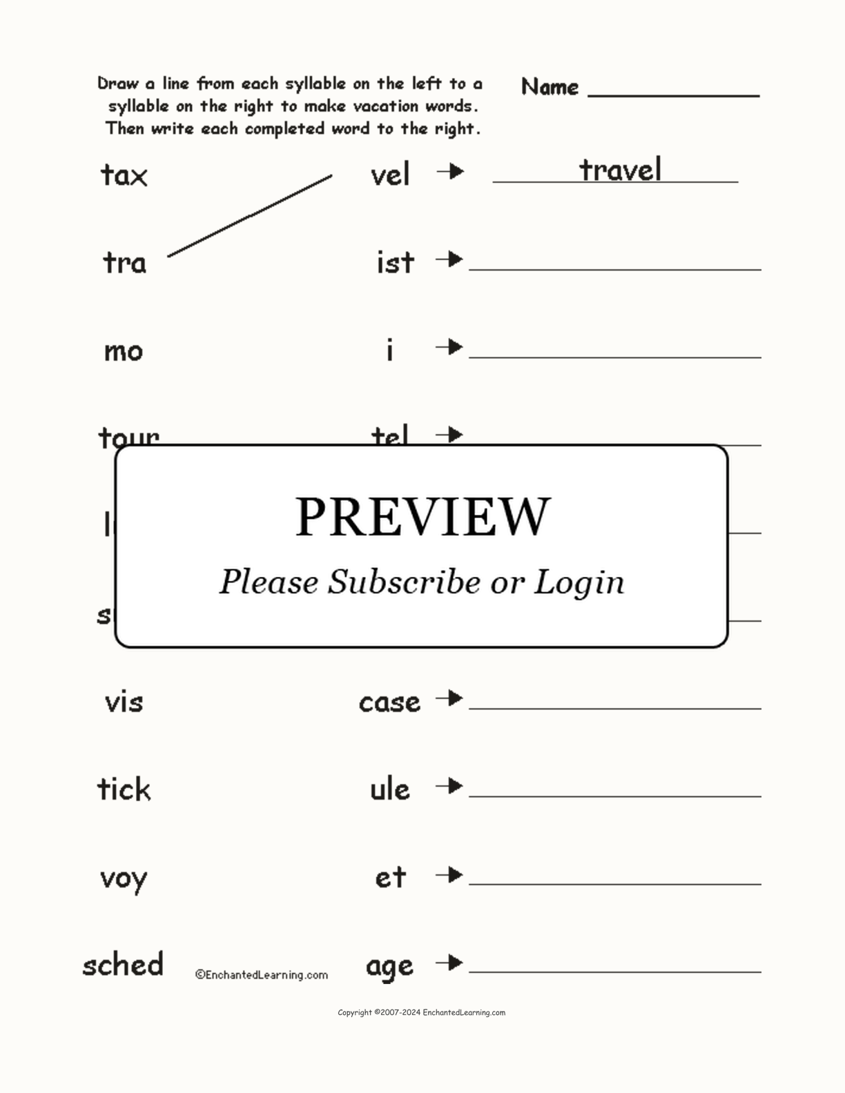 Match the Syllables: Vacation Words interactive worksheet page 1