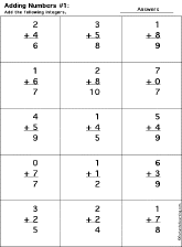 Addition Printout: 1 Digit + 1 Digit worksheet thumbnail