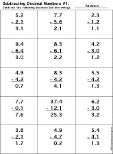 Subtracting Decimal Numbers worksheet thumbnail