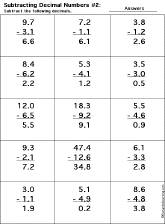 Subtracting Decimal Numbers worksheet thumbnail