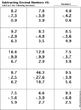 Subtracting Decimal Numbers worksheet thumbnail