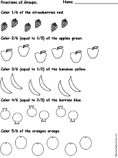 Multiplication Coloring Sheets on Color Fractions Of Groups Of Fruit Worksheet On Sixths Color 1 6 2 6 1