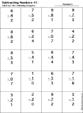 Subtraction Printout: 1 Digit - 1 Digit worksheet thumbnail