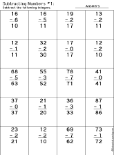 Subtraction Printout: 2 Digits - 1 Digit worksheet thumbnail