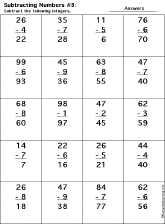 Subtraction Printout: 2 Digits - 1 Digit worksheet thumbnail
