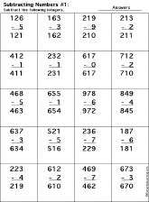 Subtraction Printout: 3 Digits - 1 Digit worksheet thumbnail