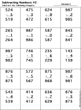 Subtraction Printout: 3 Digits - 1 Digit worksheet thumbnail