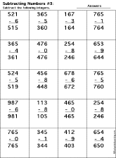 Subtraction Printout: 3 Digits - 1 Digit worksheet thumbnail