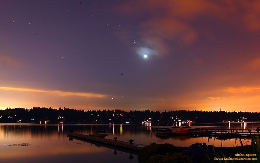 The Pleiades, Moon, Jupiter, Aldebaran, and Venus over Lake Washington