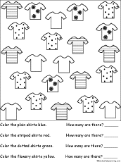 Sorting: Color and count the shirts Worksheet Printout