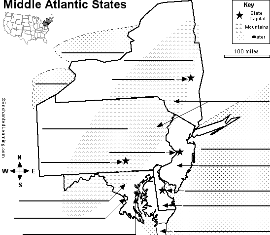 Label the Mid-Atlantic US states, state capitals, and major geographic 